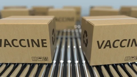 Boxes with a vaccine move on conveyors. Loopable 3D animation Stock Footage 126708838