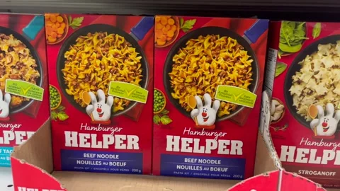 Boxes of various flavours of Hamburger Helper Stock-Footage 245596799
