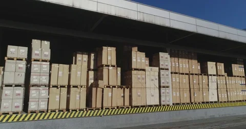 Boxes in warehouse, panoramic view of boxes in warehouse Stockbeeldmateriaal 123780561