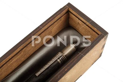Boxes of wood handmade with gift pens inside on a white background, isolate. Stock Photos