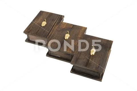 Boxes of wood handmade on a white background, isolate. Stock Photos