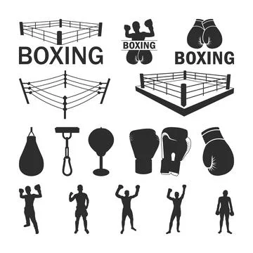 Boxing and Martial Arts Elements Collection Silhouette, boxing ring Stock Illustration