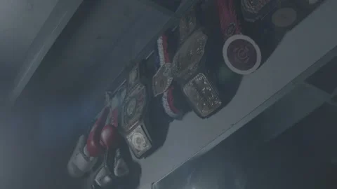 Boxing Belts Mounted on Wall Stock Footage 146985899