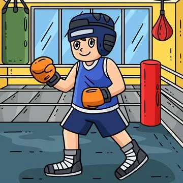 Boxing Boxer with Protective Gear Colored Cartoon Stock Illustration