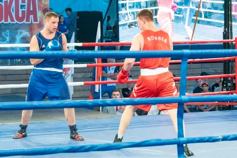 Boxing, a Boxing match between two blue and red boxers Stock Photos