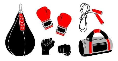 Boxing equipment elements in modern flat line style. Hand drawn sport inventory Illustrazione stock