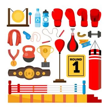 Boxing Equipment Tools Set Vector. Box Accessories. Boxer, Ring, Belt, Punch  Stock Illustration