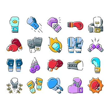Boxing gloves fighting and training icons set Stock Illustration