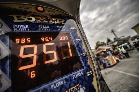 Boxing machine arcade game displaying strength score Stock Photos