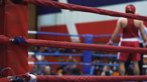Boxing match in the ring. Two participants competing with each other. The Vídeo Stock 144467295