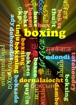 Boxing multilanguage wordcloud background concept glowing Stock Illustration
