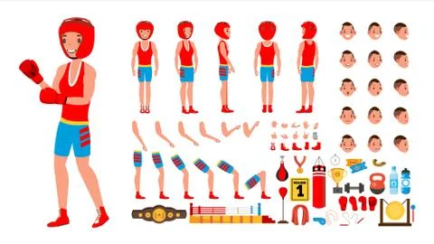 Boxing Player Vector. Animated Character Creation Set. Fighting Sportsman Mal Stock Illustration