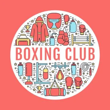 Boxing poster template. Vector sport training line icons, circle illustration of Stock Illustration