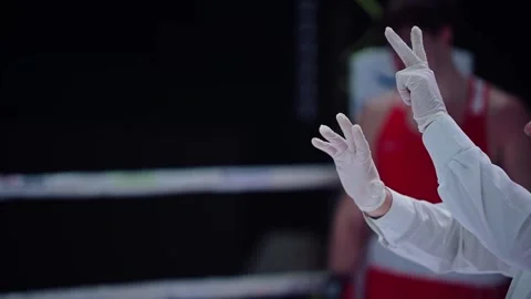 The boxing referee signals the fight to continue after the knockdown countdown Stock Footage 302490809