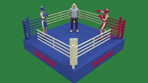 A boxing ring with two men standing and 3d image of green screen cartoonish Stock Footage 336049862