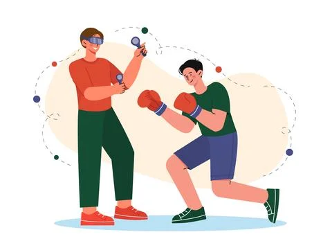 Boxing in vr glasses. Young guy training in virtual reality. Active lifestyle Stock Illustration