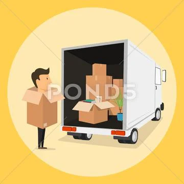 Boxman. Moving with boxes. Things in box. Transport company Stock Illustration