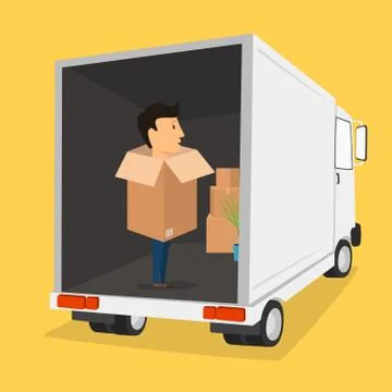 Boxman. Moving with boxes. Things in box. Transport company Stock Illustration