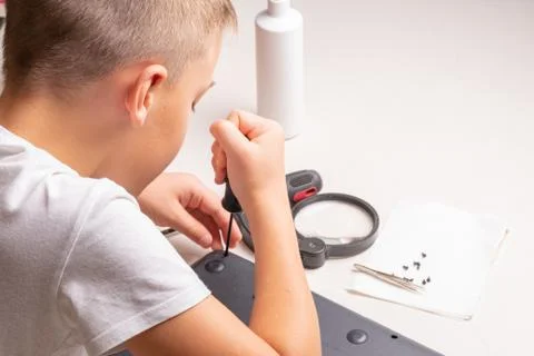 A boy of 10 years old is sorting a laptop for cleaning and maintenance. Selec Stock Photos