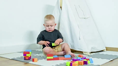 Boy 2 years old at home sits on the floor and builds a constructor. Toddler Video stock 319919452