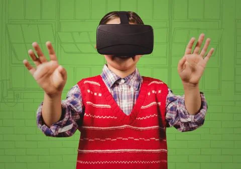 Boy in 3d virtual reality headset against green hand drawn windows 스톡 사진