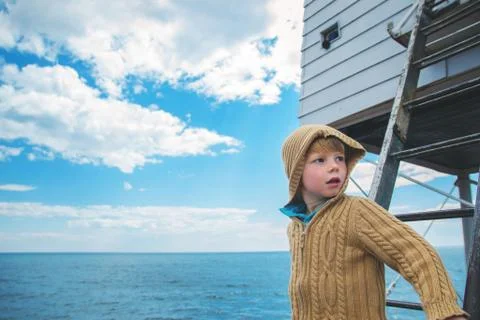 Boy (4-5) on ladder looking at away Stock Photos