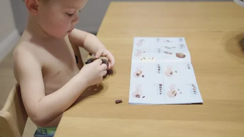 Boy 4-5 years assembles toy according instructions designer without help adults Stock Footage 242420962