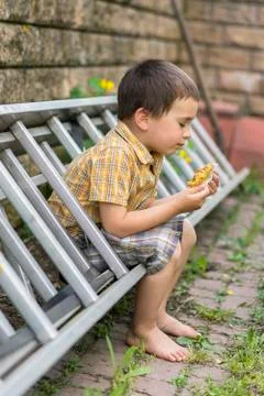 The boy is 4 years in the yard Stock Photos