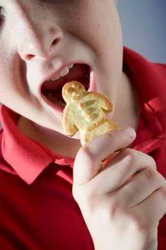 Boy about to bite into a biscuit man Stock Photos