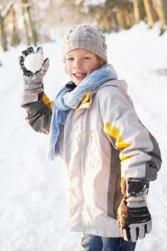 Boy About To Throw Snowball In Snowy Woodland Stock Photos