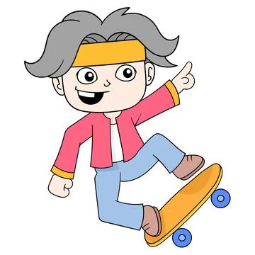 Boy in action doing a jump on a skateboard, doodle icon image kawaii Stock Illustration