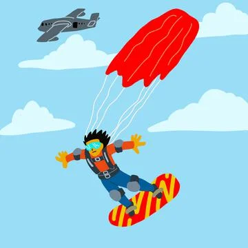 Boy is in action full of danger parachuting in the sky, concept illustration  イラスト素材