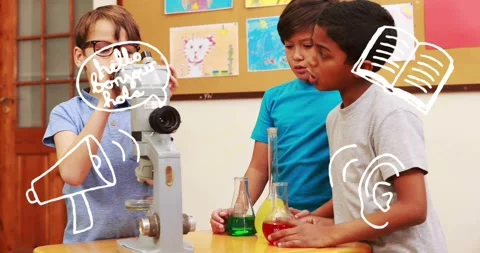 Boy adjusting microscope focus knob and starting science study with animated Stock Footage 327003489