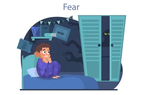Boy is afraid of dark and monsters in his closet. Scared child sitting on bed, Stock Illustration