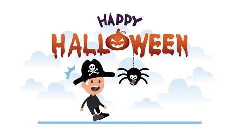 Boy afraid of a spider hanging from the top. Halloween prank concept.	 Stock Illustration