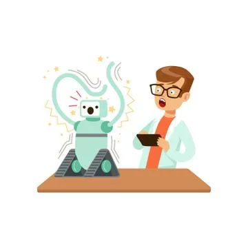 Boy after a failed experiment with robot, schoolboy doing science research Stock Illustration