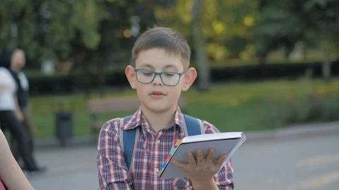 Boy after school with a backpack on the front of the park Video stock 108610316