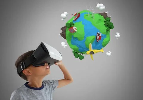 Boy against grey background with virtual reality headset and 3D planet earth Stock Photos