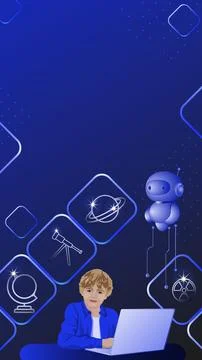 Boy with AI tutor. Vertical Stock Illustration