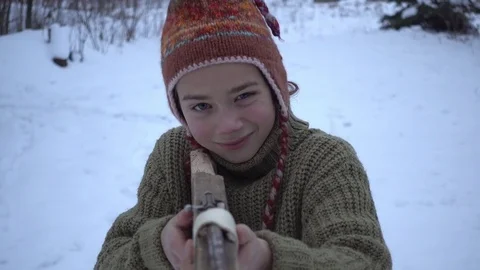 The boy is aiming from homemade weapons. Stock Footage 84141513