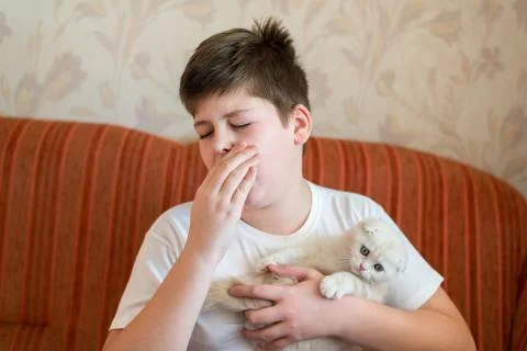 The boy is allergic to cat Stock Photos