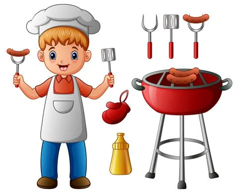 Boy and BBQ party elements isolated on white background Stock Illustration