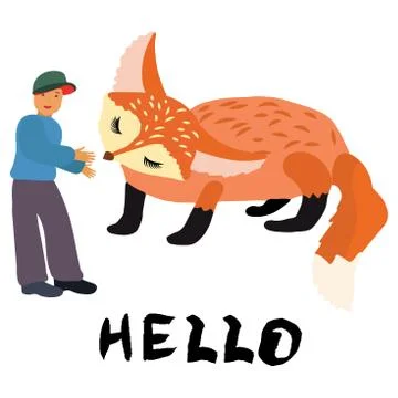 Boy and cute ginger fox with note hello. Stock Illustration
