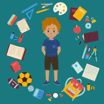 Boy and different objects for school illustration Stock Illustration