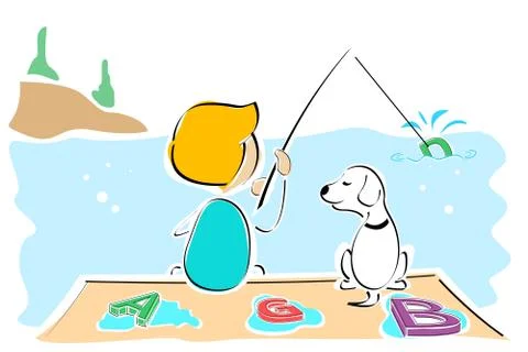 Boy and dog catching text Stock Illustration