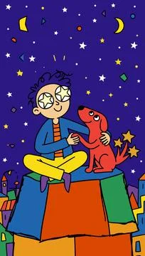 Boy and Dog Under Starry Sky Stock Illustration