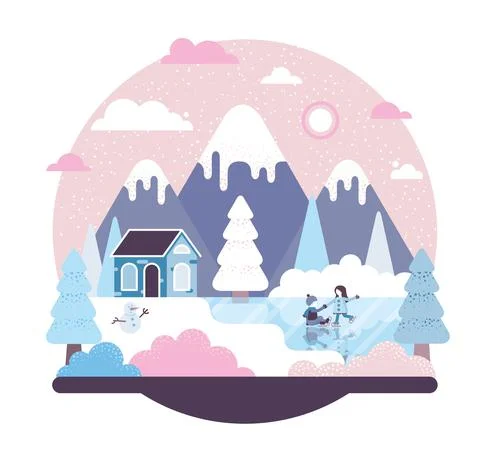 Boy and girl ice skating on a frozen lake next to a small house Stock Illustration
