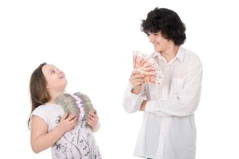 Boy and girl with large sum of money Stock Photos