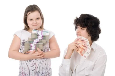 Boy and girl with money Stock Photos
