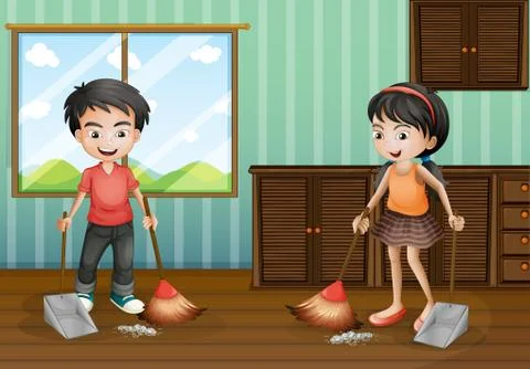 Boy and girl sweeping the floor 스톡 일러스트
